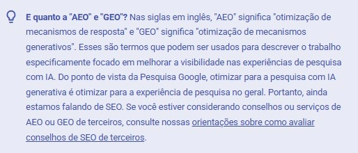 Captura da seção "What about AEO and GEO?" na documentação do Google Search Central, em que o Google define as duas siglas e afirma que otimizar para busca generativa continua sendo SEO