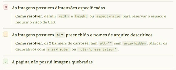 Trecho do Checklist para verificações on page relativas a imagens mostrando sugestões de como resolver itens pendentes