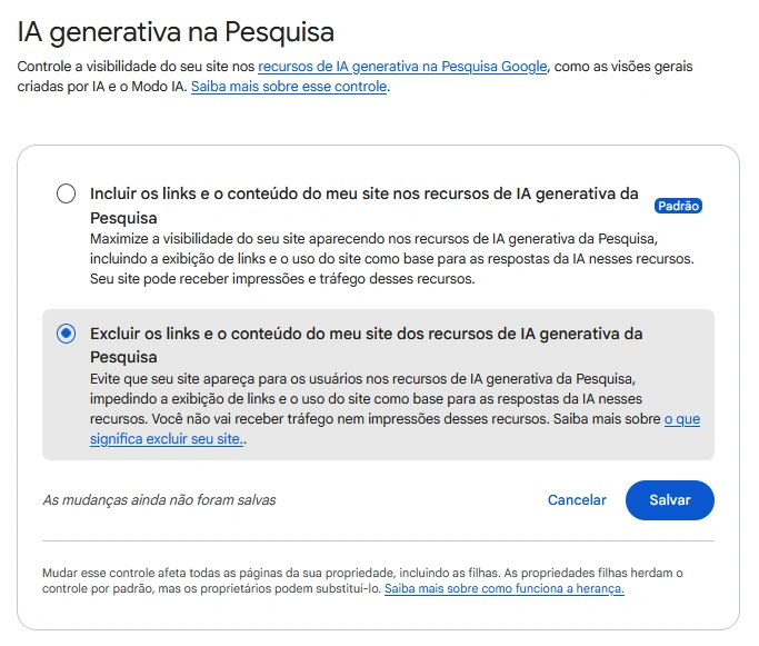 Painel de controle de visibilidade de um site nos recursos de IA generativa do Google, com opção para excluir o link e o conteúdo do site das respostas de IA