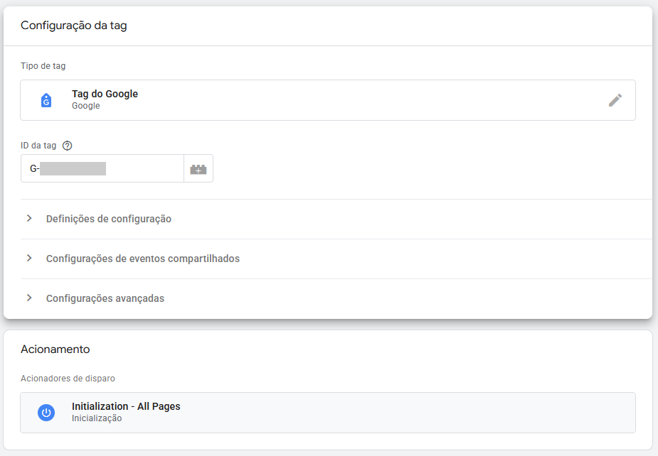 Tela de configuração de uma nova tag do Google no GTM
