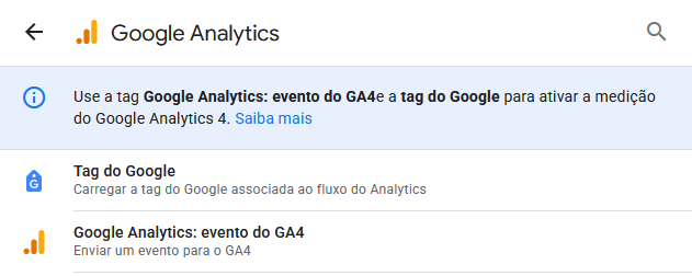 Tela do GTM mostrando as duas opções para criação de tags do Google Analytics: Tag do Google e Tag de eventos do GA4