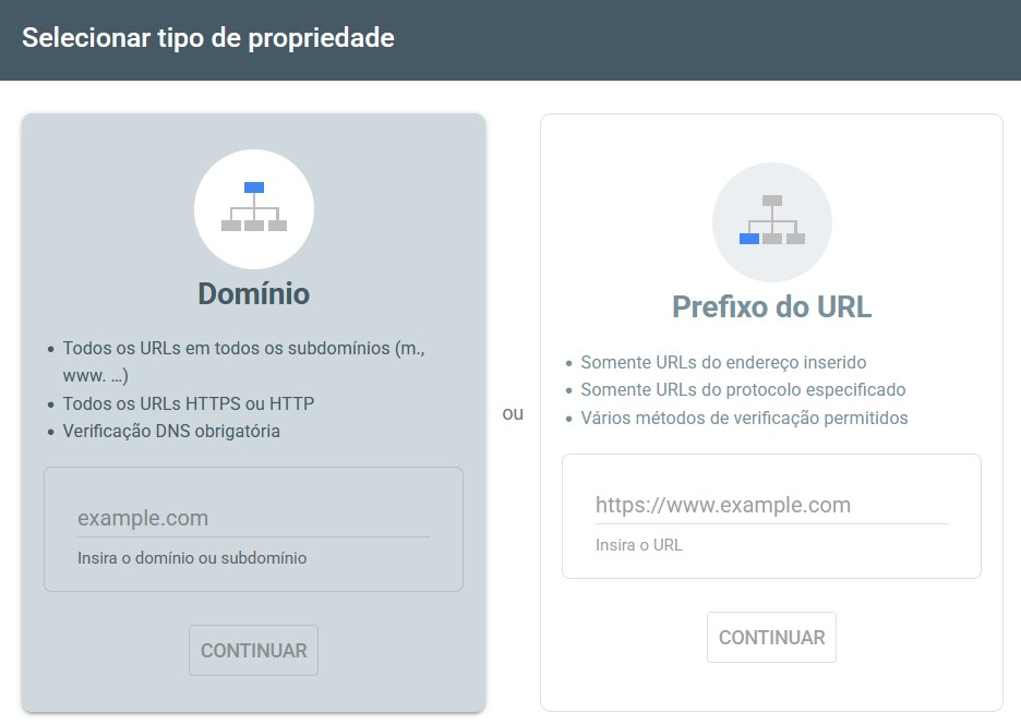 Adicionar propriedade no google search console