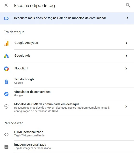 exemplos de tipos de tags disponíveis nativamente no google tag manager