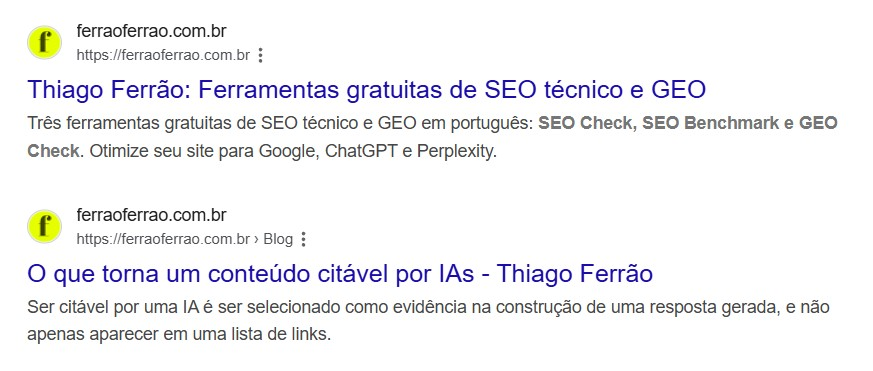 Página de resultado de buscas mostrando Title e description para o site ferraoferrao.com.br