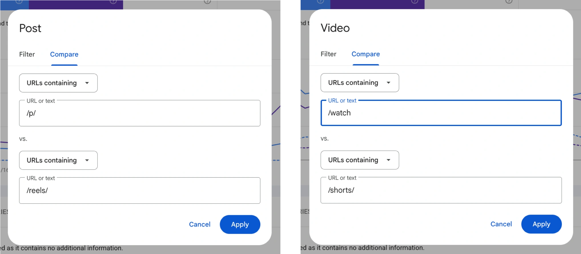 Painel de filtro para comparação de URLs do Instagram contendo `/p/` e contendo `/reels/` e comparação de URLs do YouTube contendo `/watch` e contendo `/shorts/`