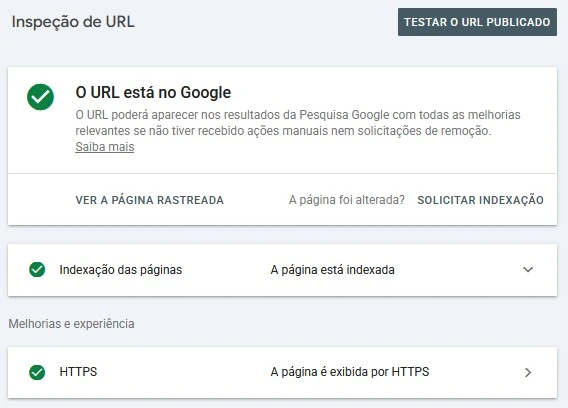 Relatório de Inspeção de URL do GSC mostrando que a página está indexada e pode ser exibida no Google