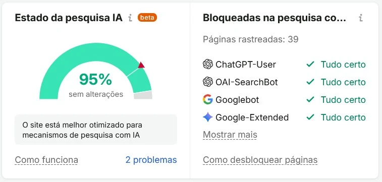 painel do semrush mostrando a disponibilidade para pesquisas por bots de ias em um site